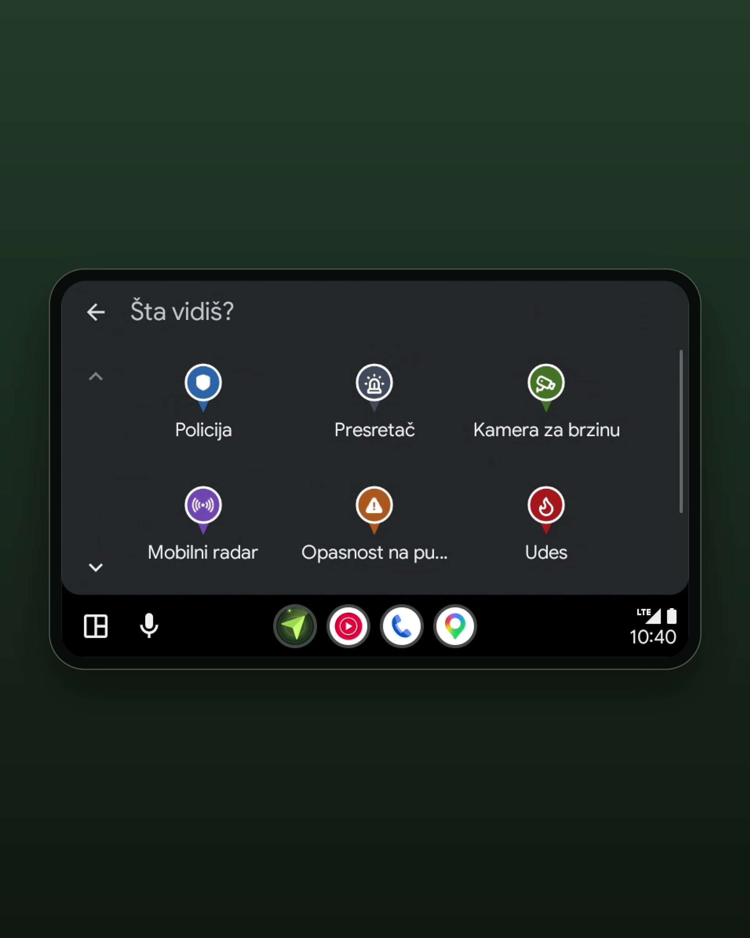 The “Šta vidiš?” screen on Android Auto: the report kinds as coloured pins in a scrolling grid.