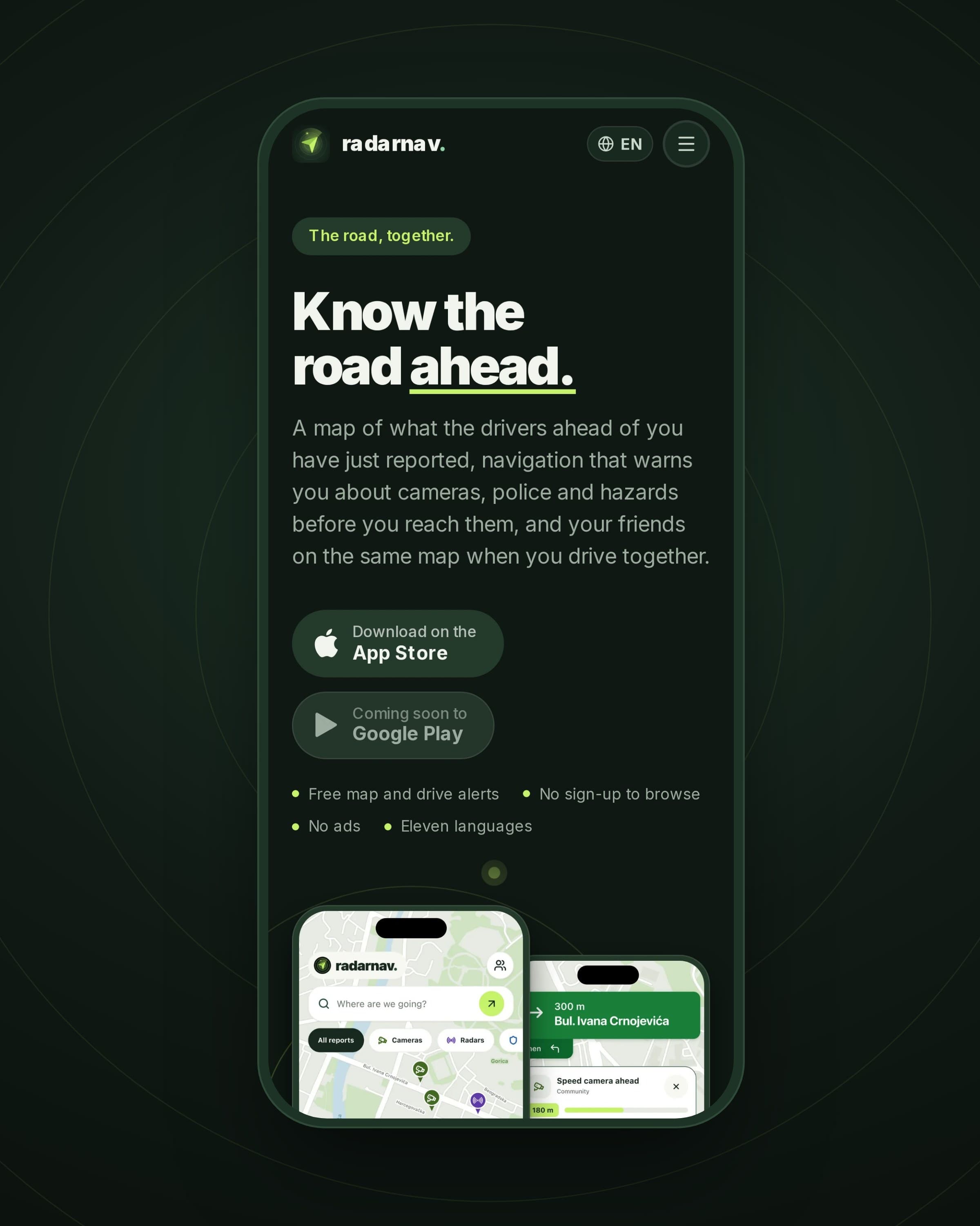 The radarnav.me home page on a phone, in dark mode.