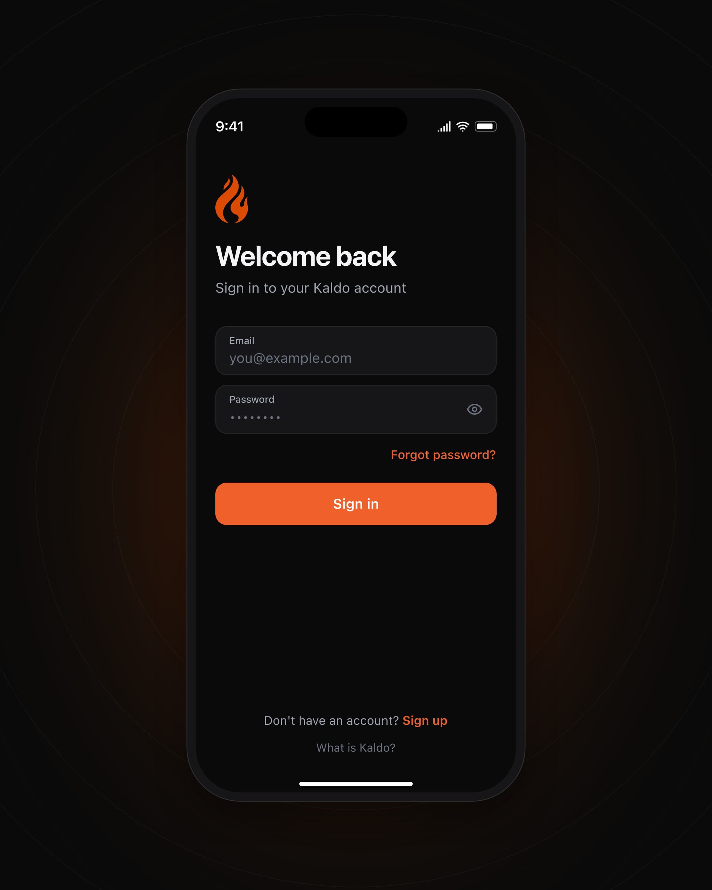 The dark sign-in screen: the flame, “Welcome back”, email, password and an orange sign-in button.