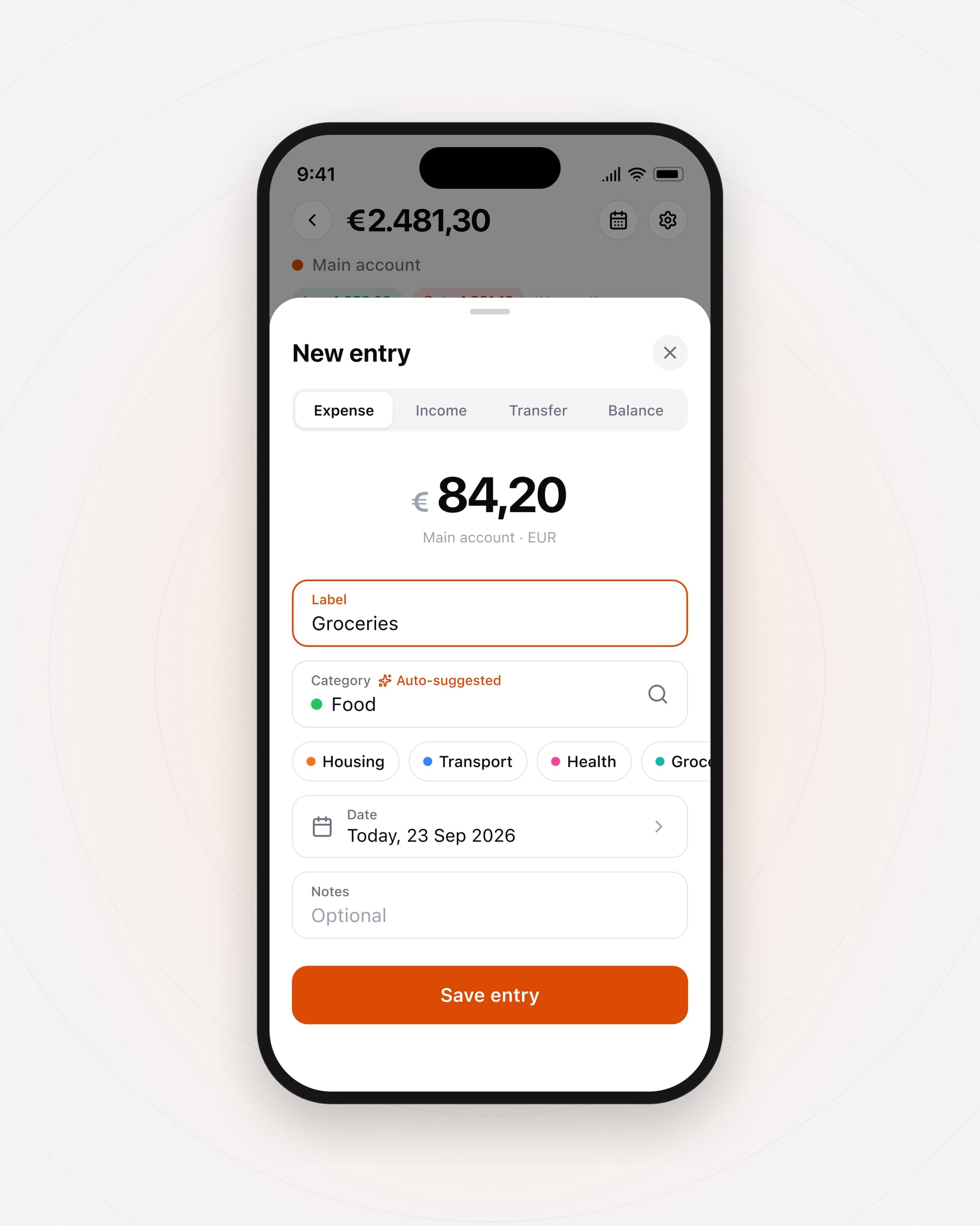 The new-entry sheet: expense selected, 84,20 euro, the label Groceries and the category Food marked as auto-suggested.