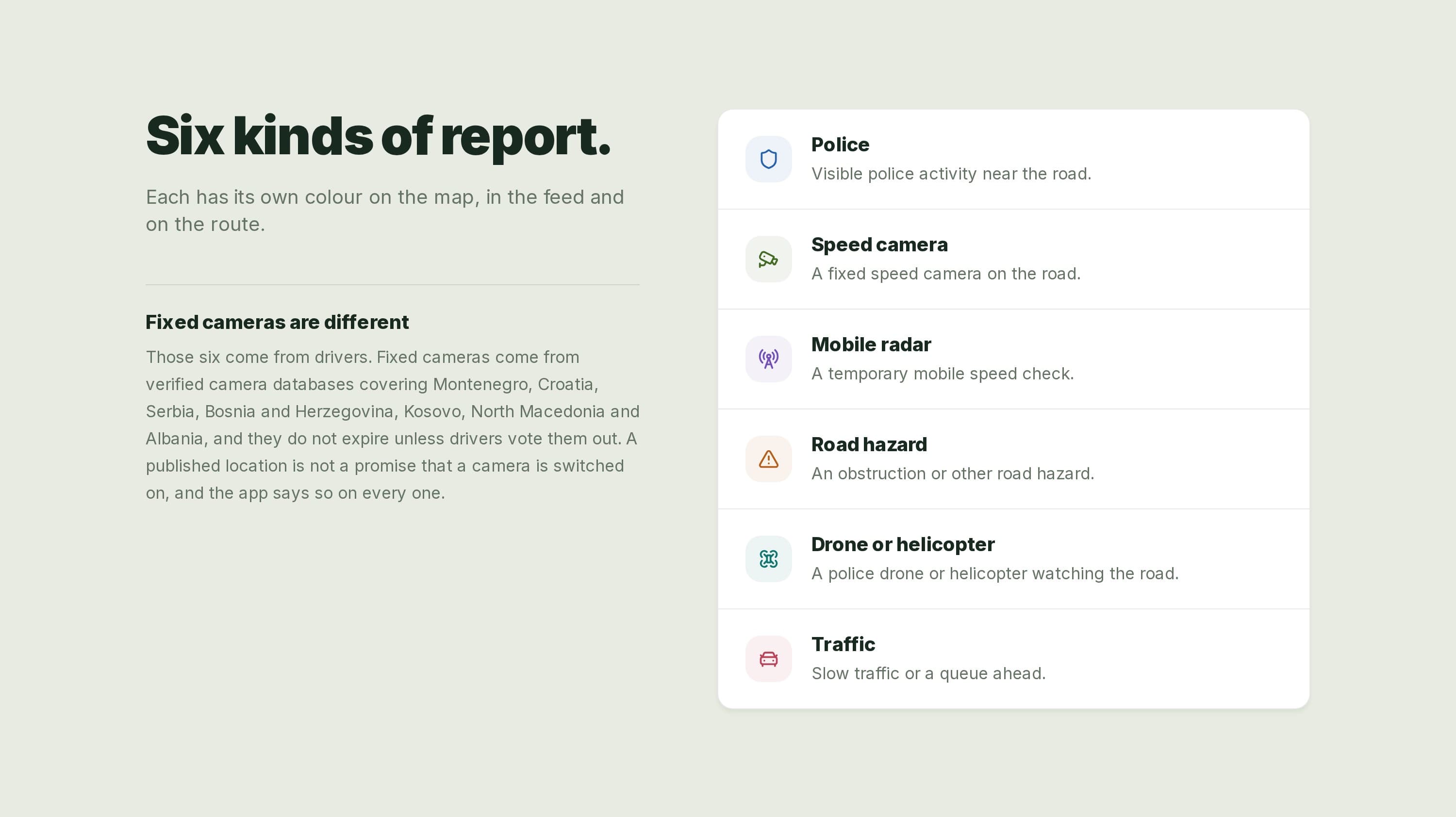 The six kinds of report on radarnav.me, each with its own colour.