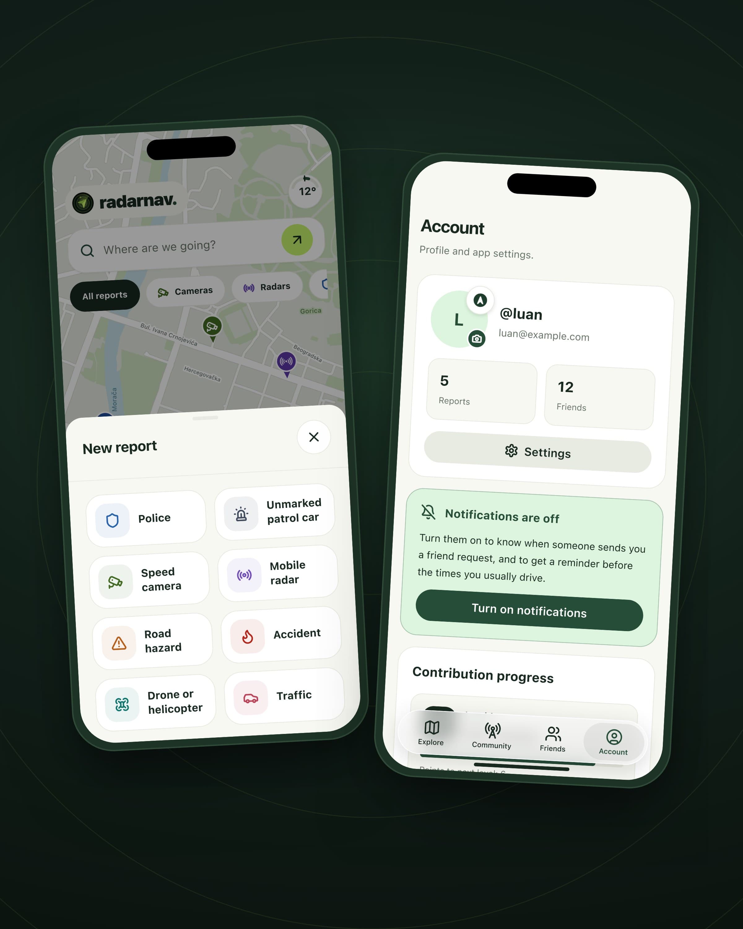 The new-report sheet with eight report kinds, beside the account screen with contribution progress.