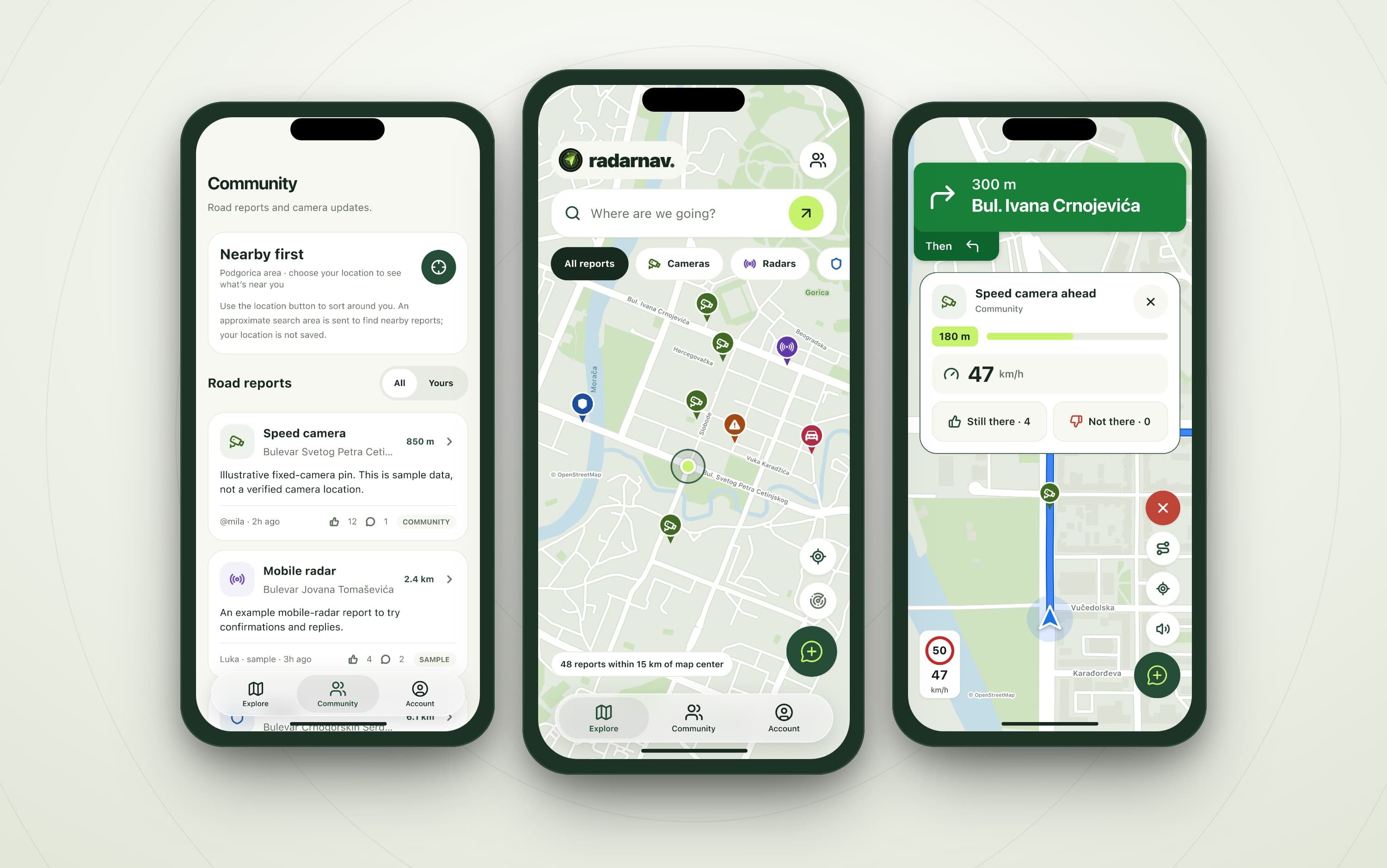 Three phones: the community feed, the map of reports around Podgorica, and turn-by-turn navigation with a camera alert.