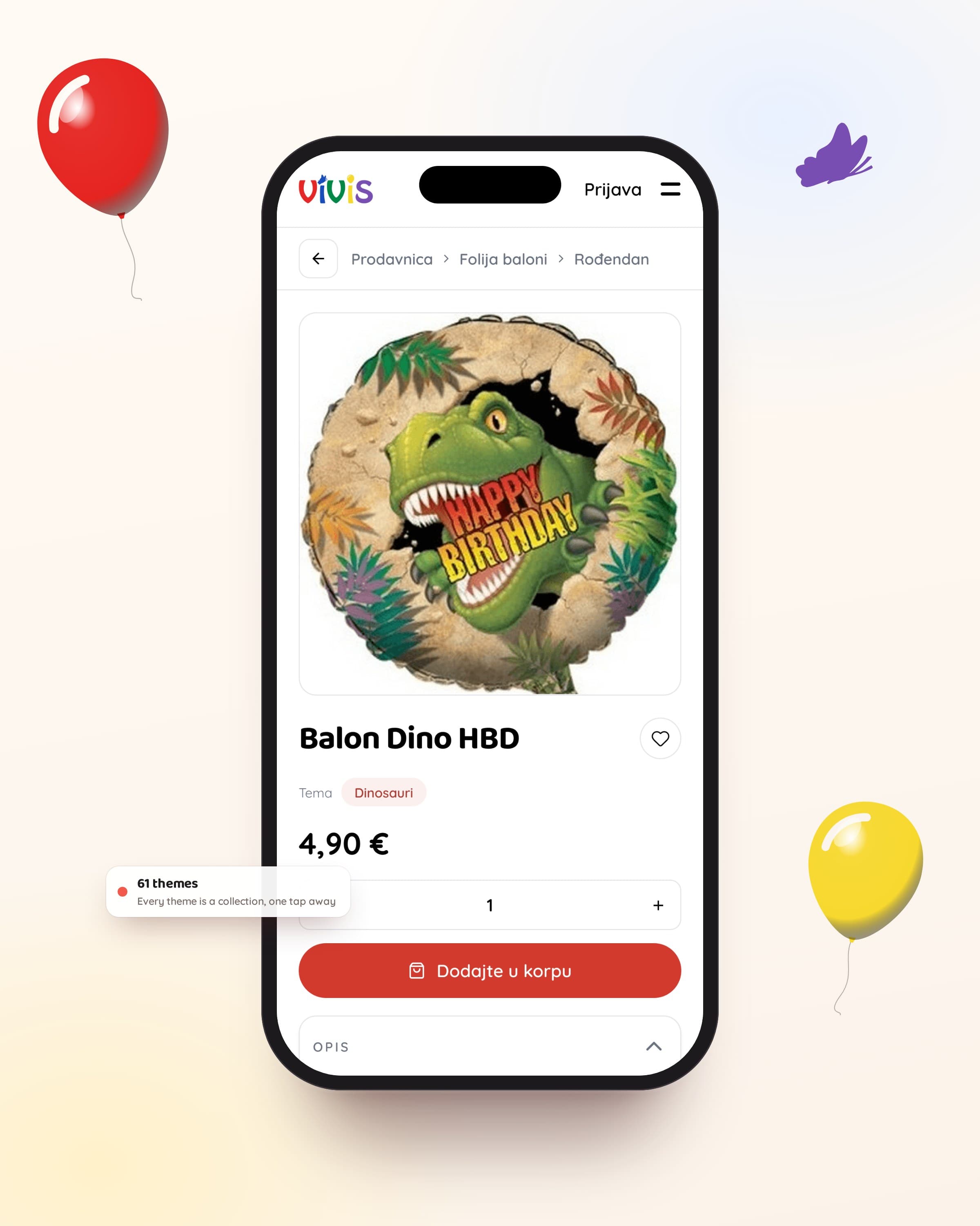 The Dino HBD balloon's product page on a phone, with the Dinosauri theme pill above the price and the add-to-cart button.