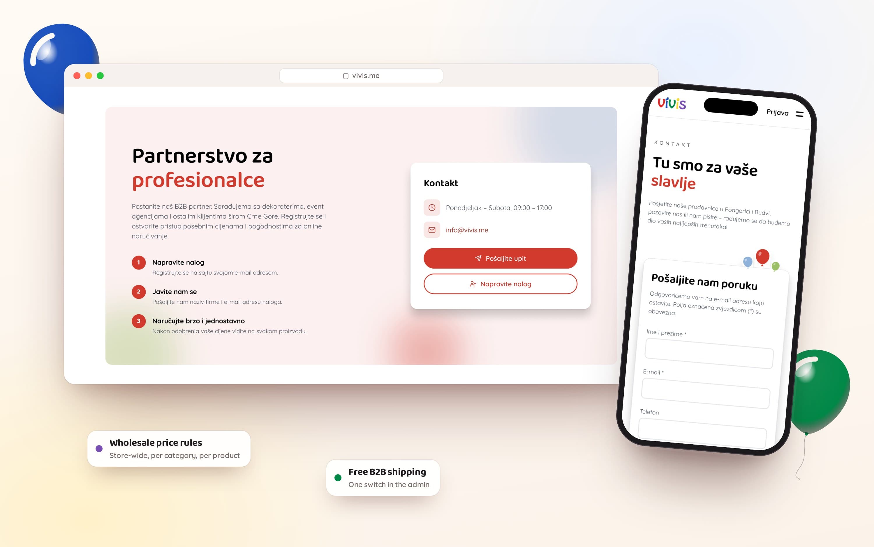 The “Partnerstvo za profesionalce” section of the home page with its three steps, beside the contact page on a phone.