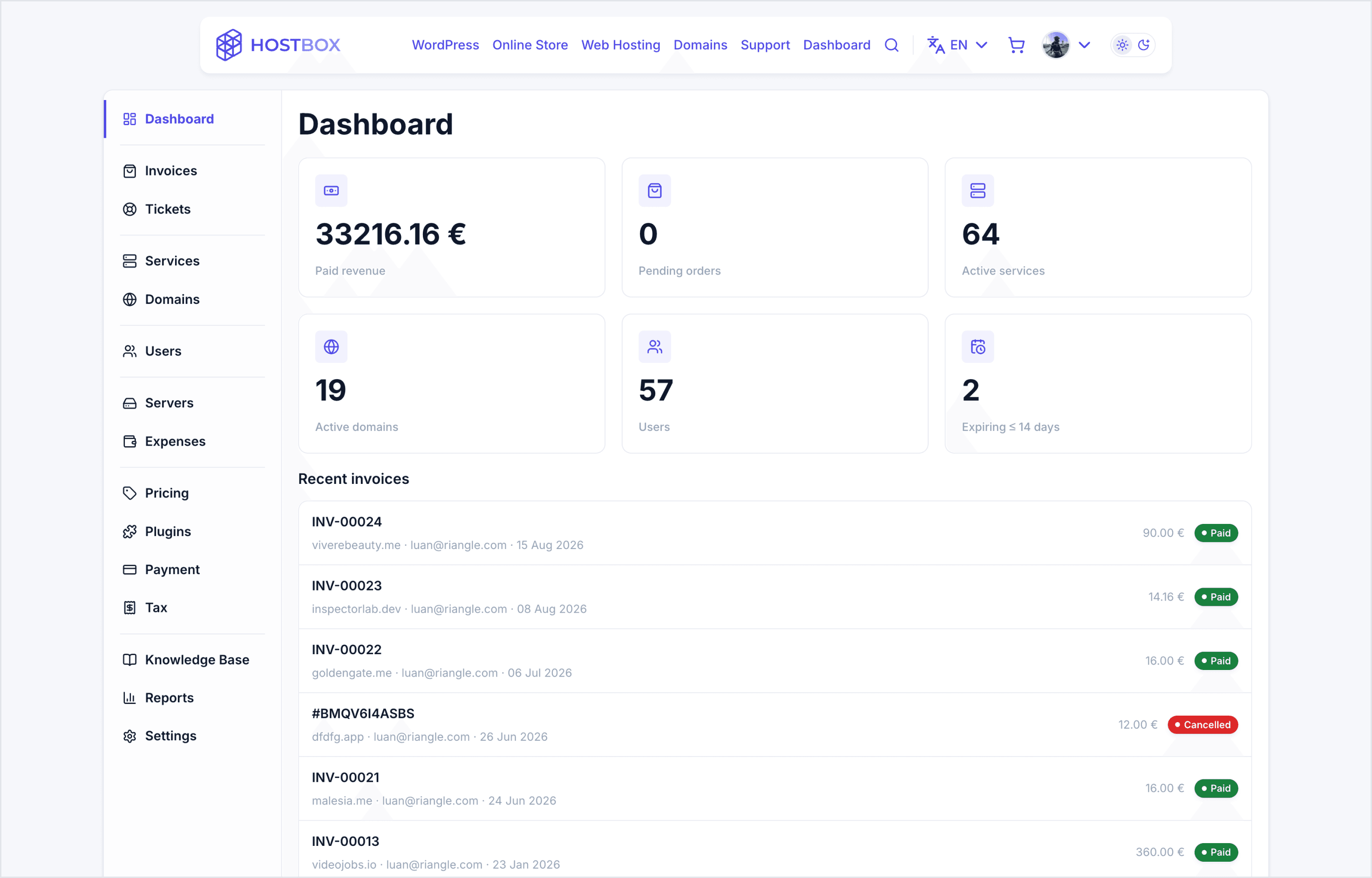 The Hostbox admin dashboard: revenue, pending orders, active services and expiring dates.