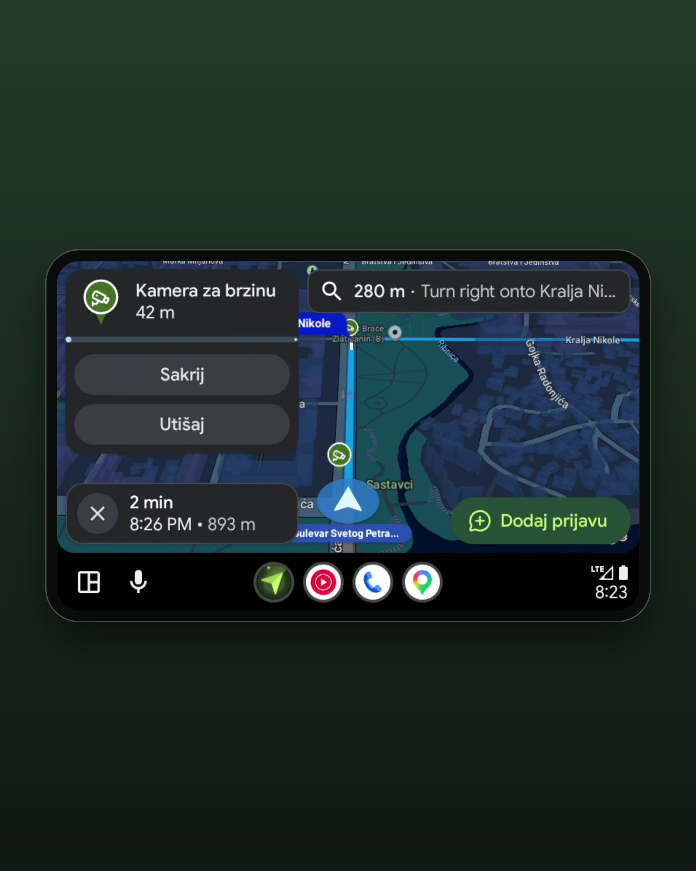 A speed camera alert on Android Auto, 42 metres ahead, with Hide and Mute buttons beside the route and the button to add a report.