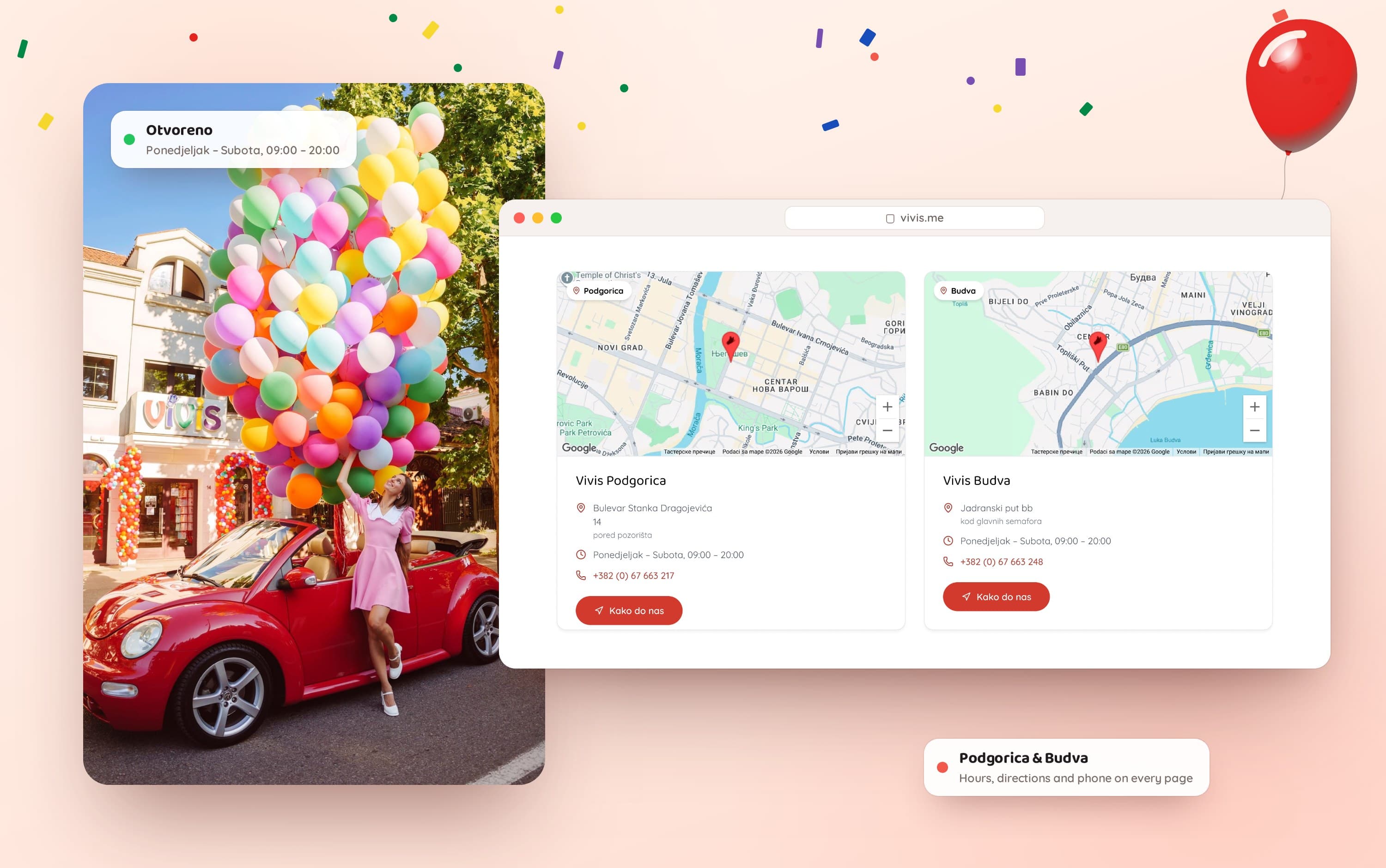 The Podgorica shopfront behind a red convertible and a cloud of balloons, beside the home page section with maps of the Podgorica and Budva shops.