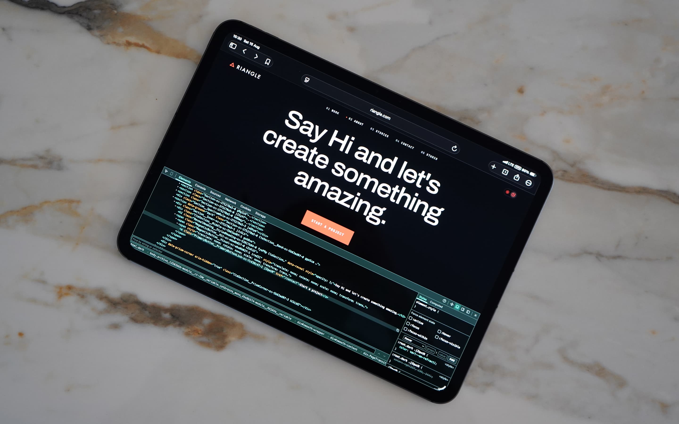 Inspector Lab - DevTools running in Orion on iPadOS: the same panels, on the device in your hands.