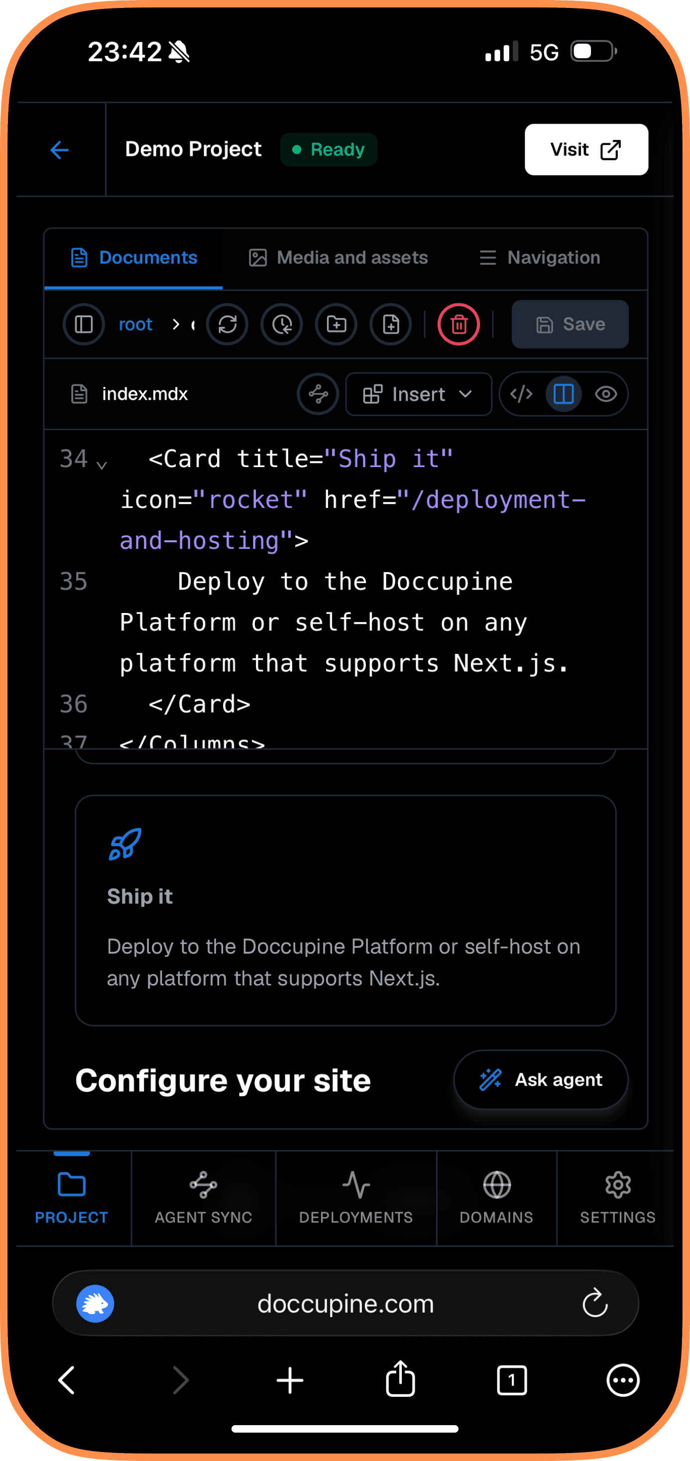 Doccupine mobile file editor screen