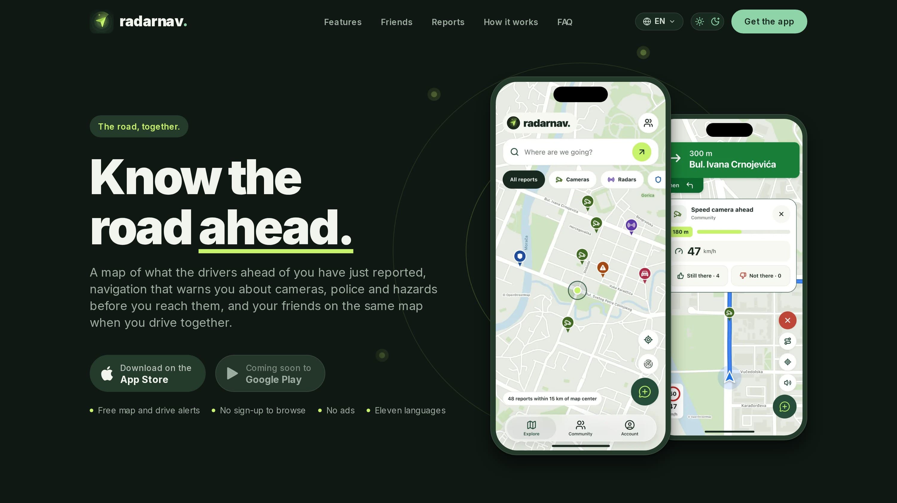 The radarnav.me home page in dark mode: “Know the road ahead.” beside two phones.