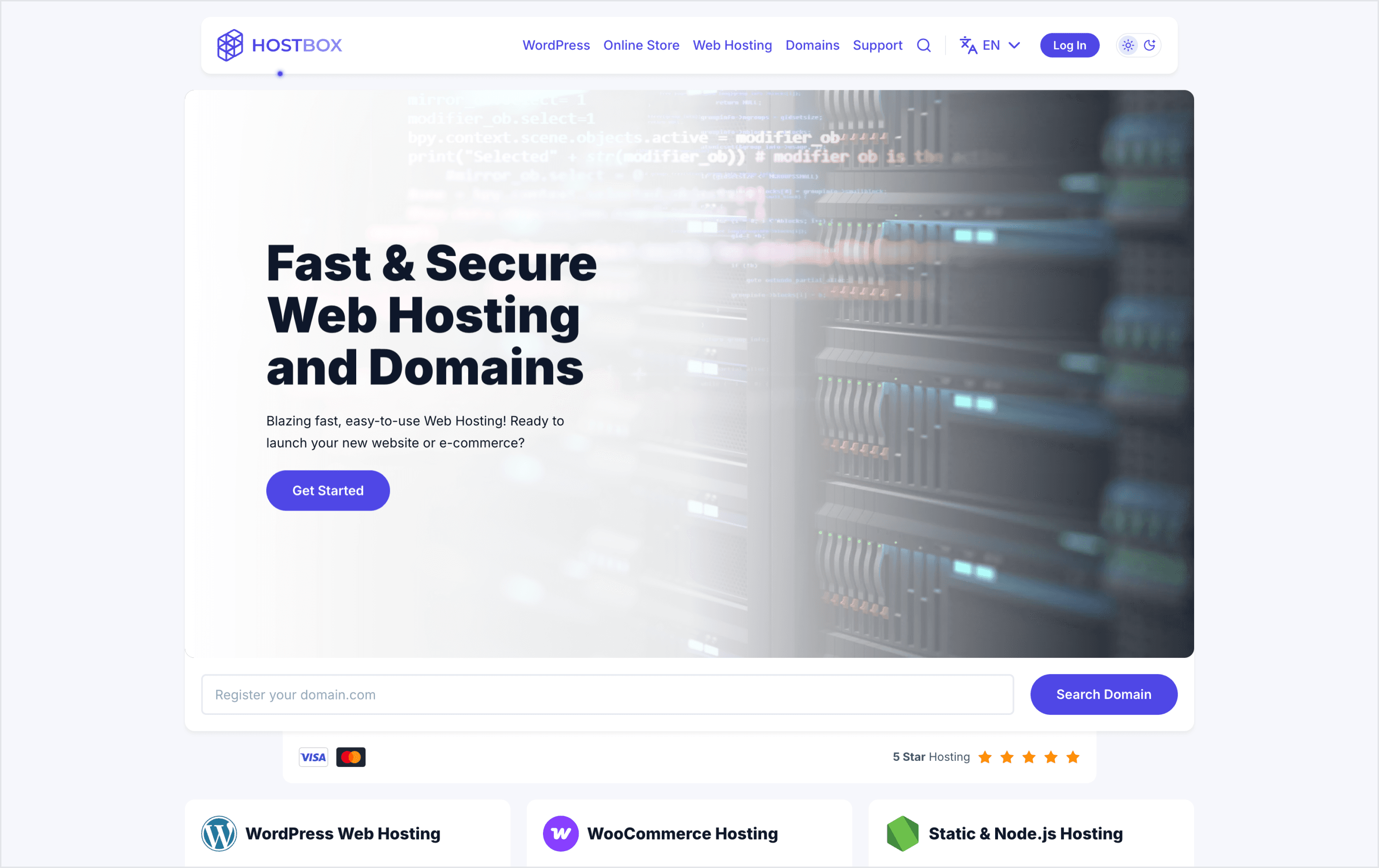 The Hostbox storefront: the hero and the three hosting products.