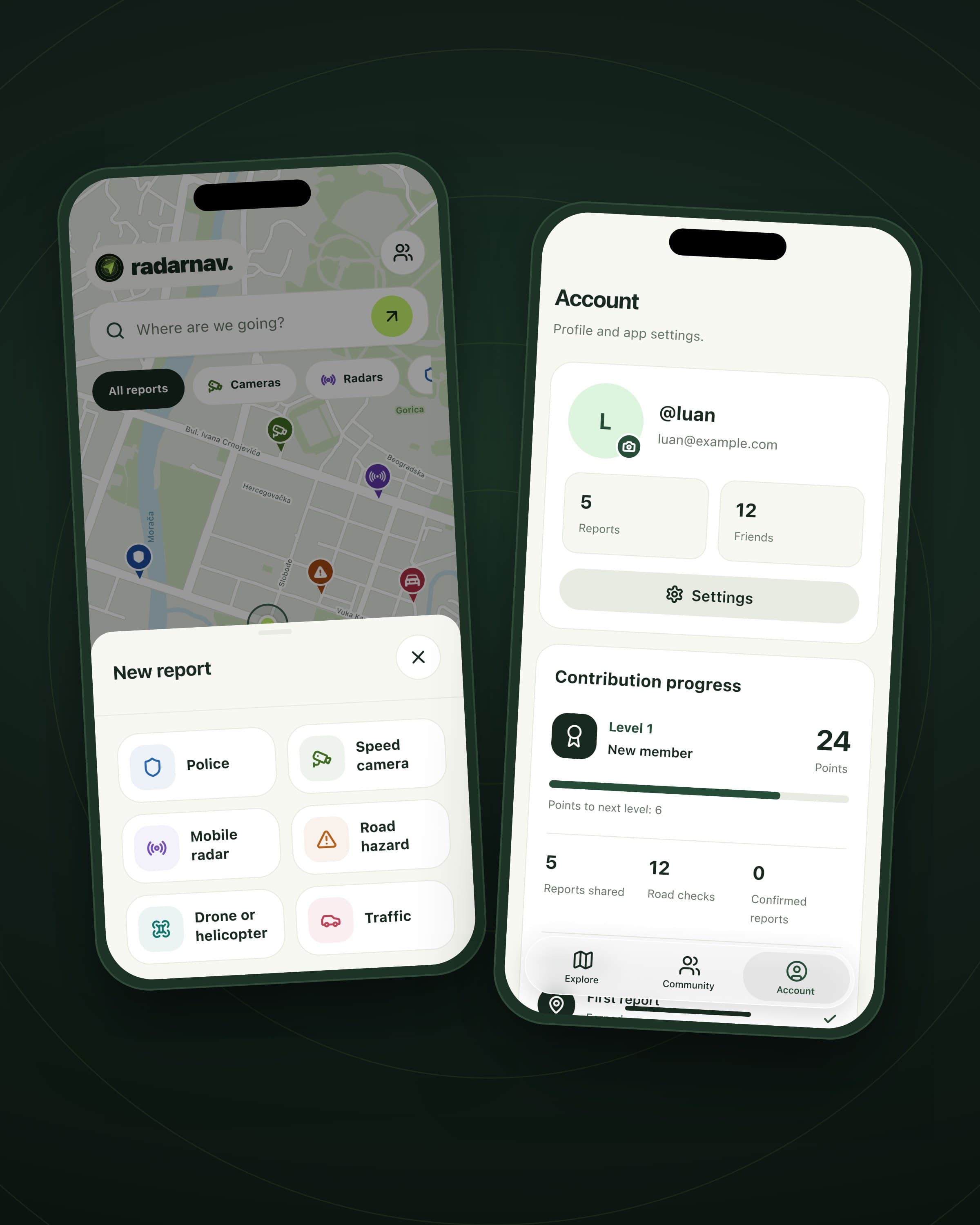 The new-report sheet with six report kinds, beside the account screen with contribution progress.
