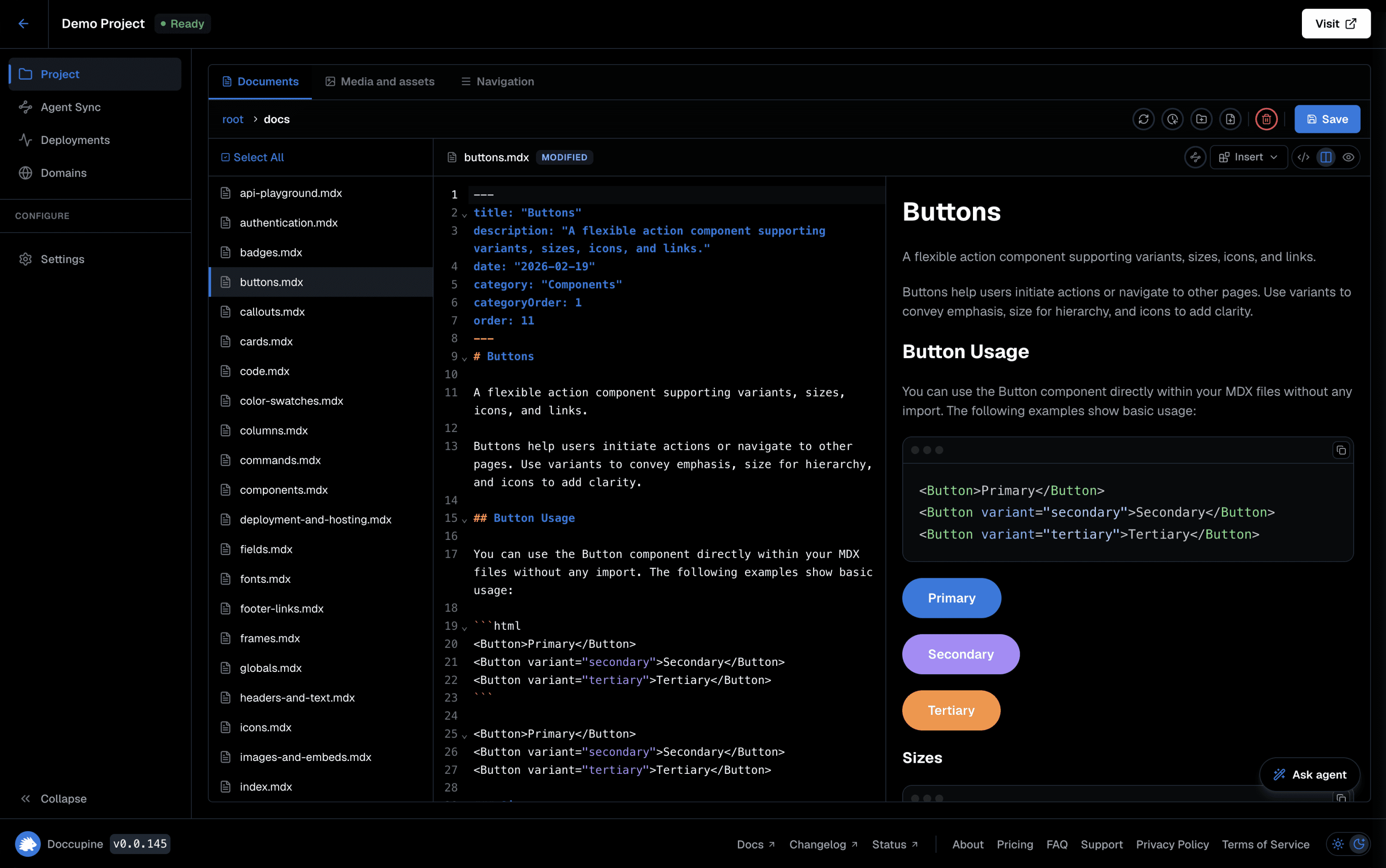 Doccupine editor in dark mode designed by Riangle