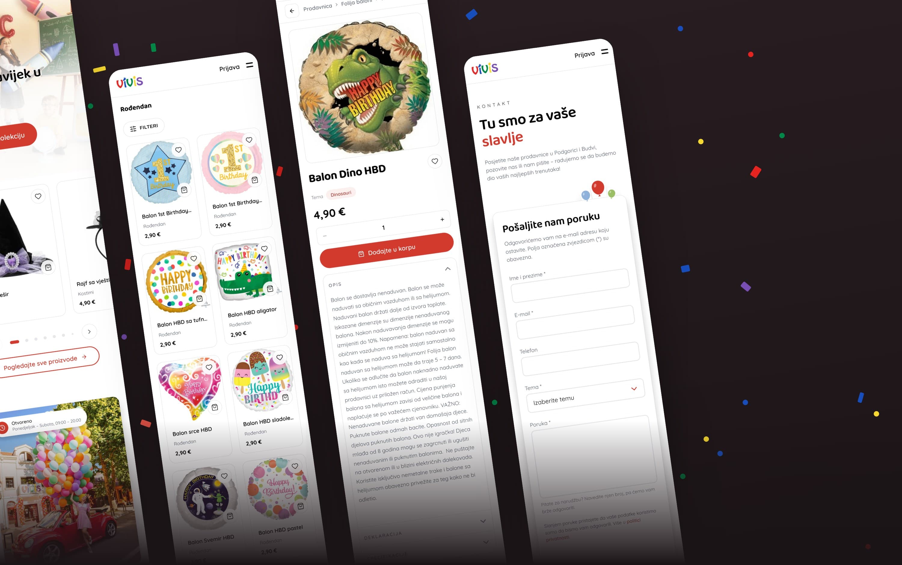 The home, category, product and contact pages on mobile, each shown at full length side by side.