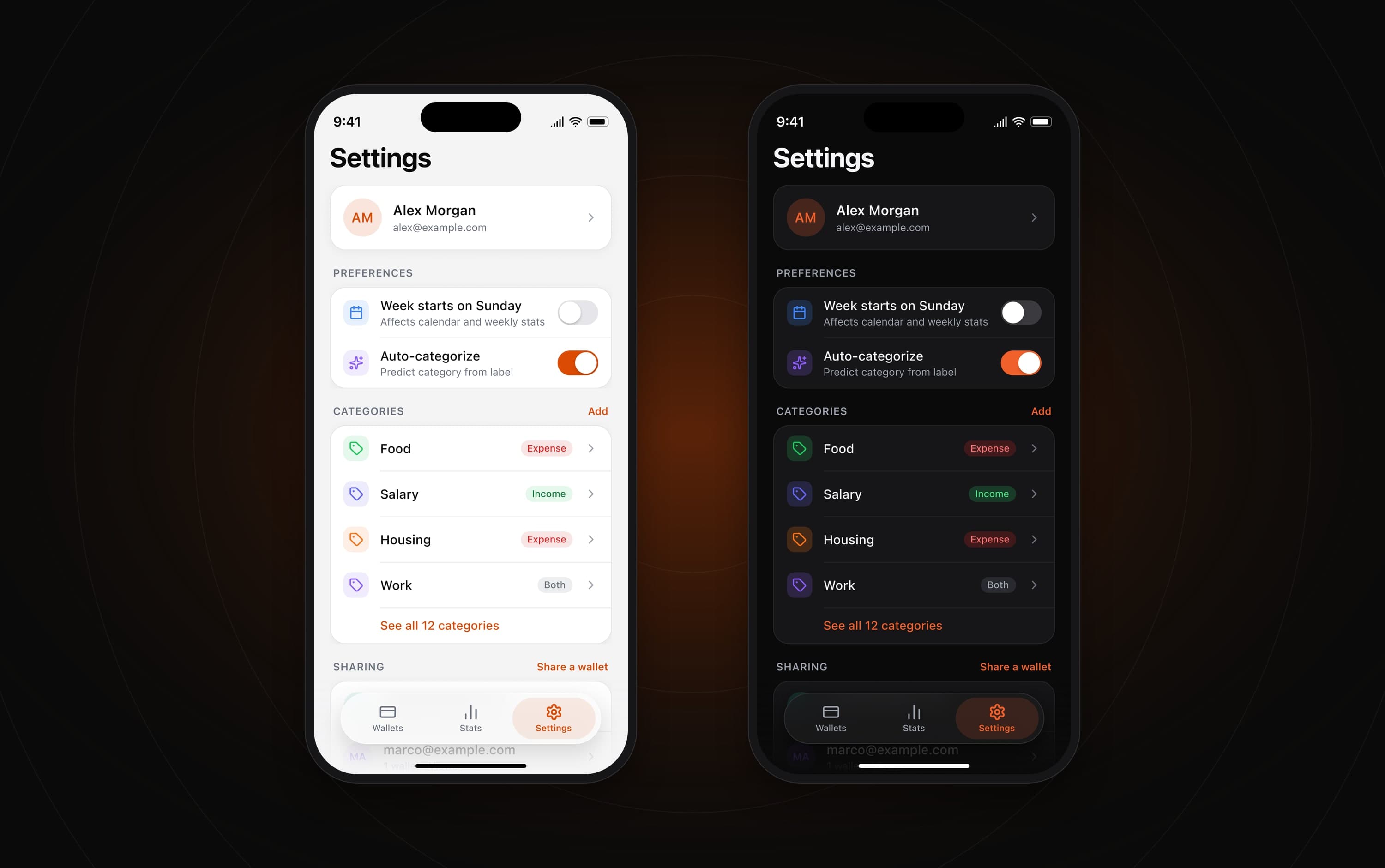 The settings screen in light and dark mode: profile card, preferences, categories and sharing.