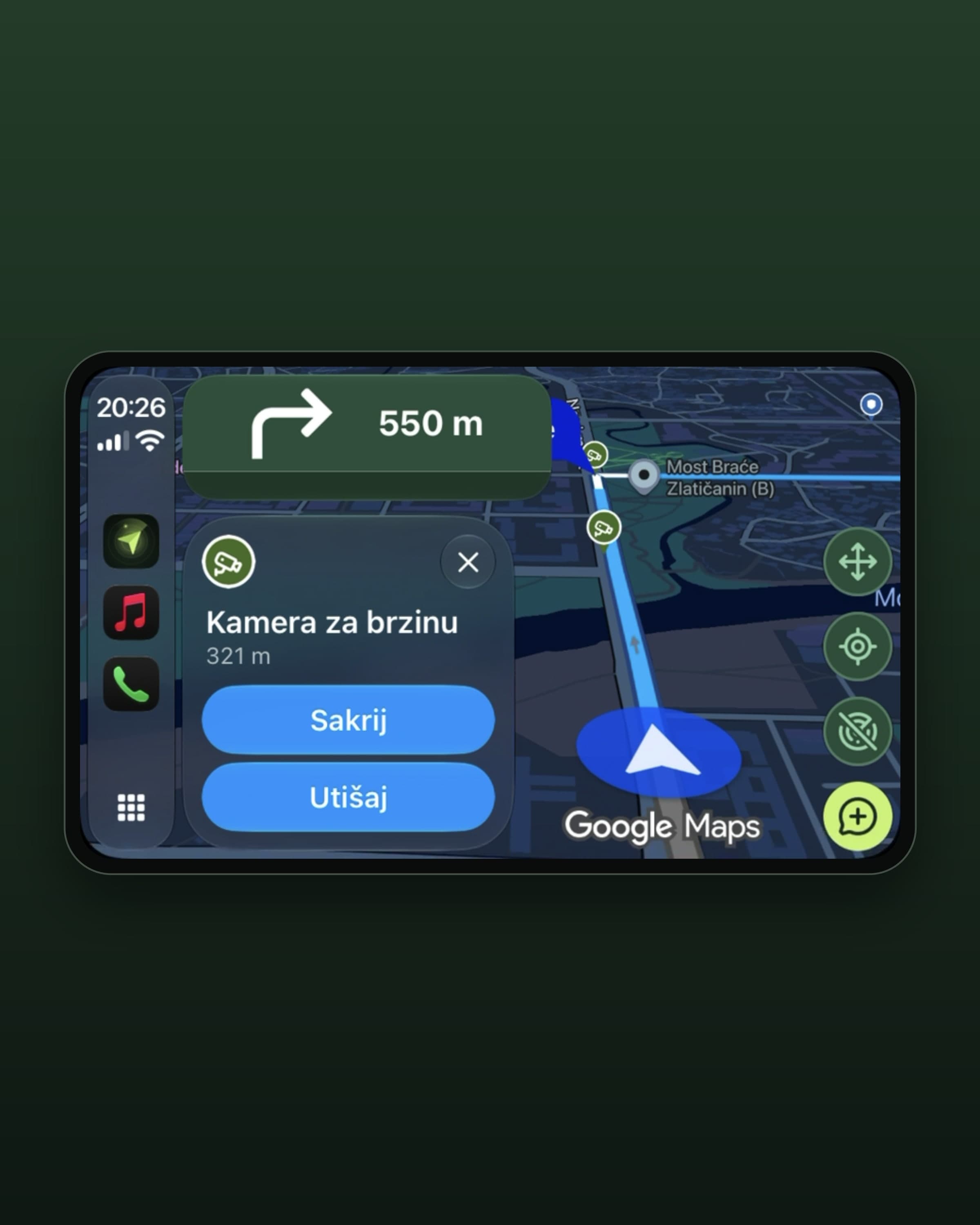 The same trip on CarPlay: a right turn in 550 metres above the map, and a speed camera alert 321 metres ahead with Hide and Mute.