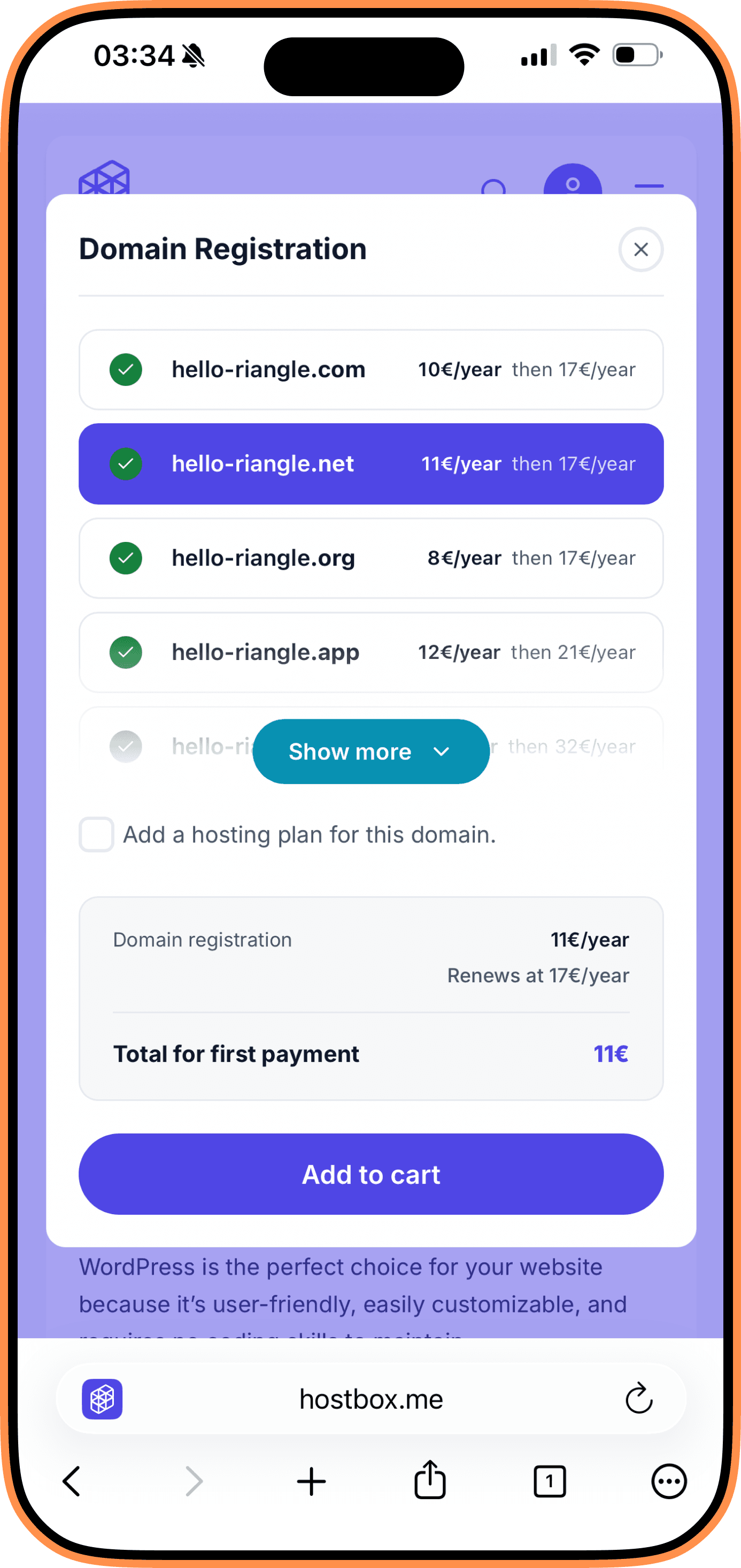 The domain search on a phone, checking one name across every extension.