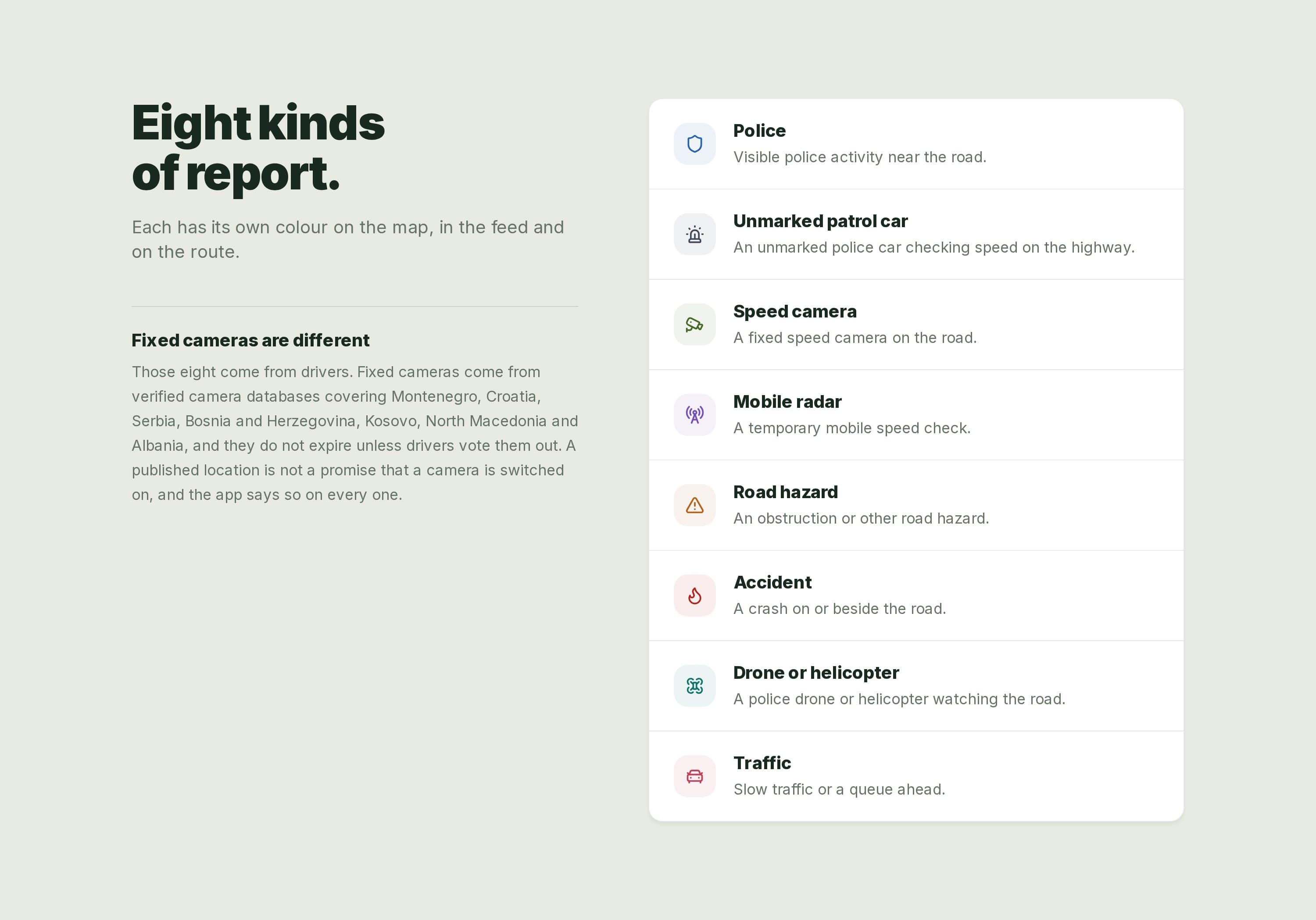The eight kinds of report on radarnav.me, each with its own colour.