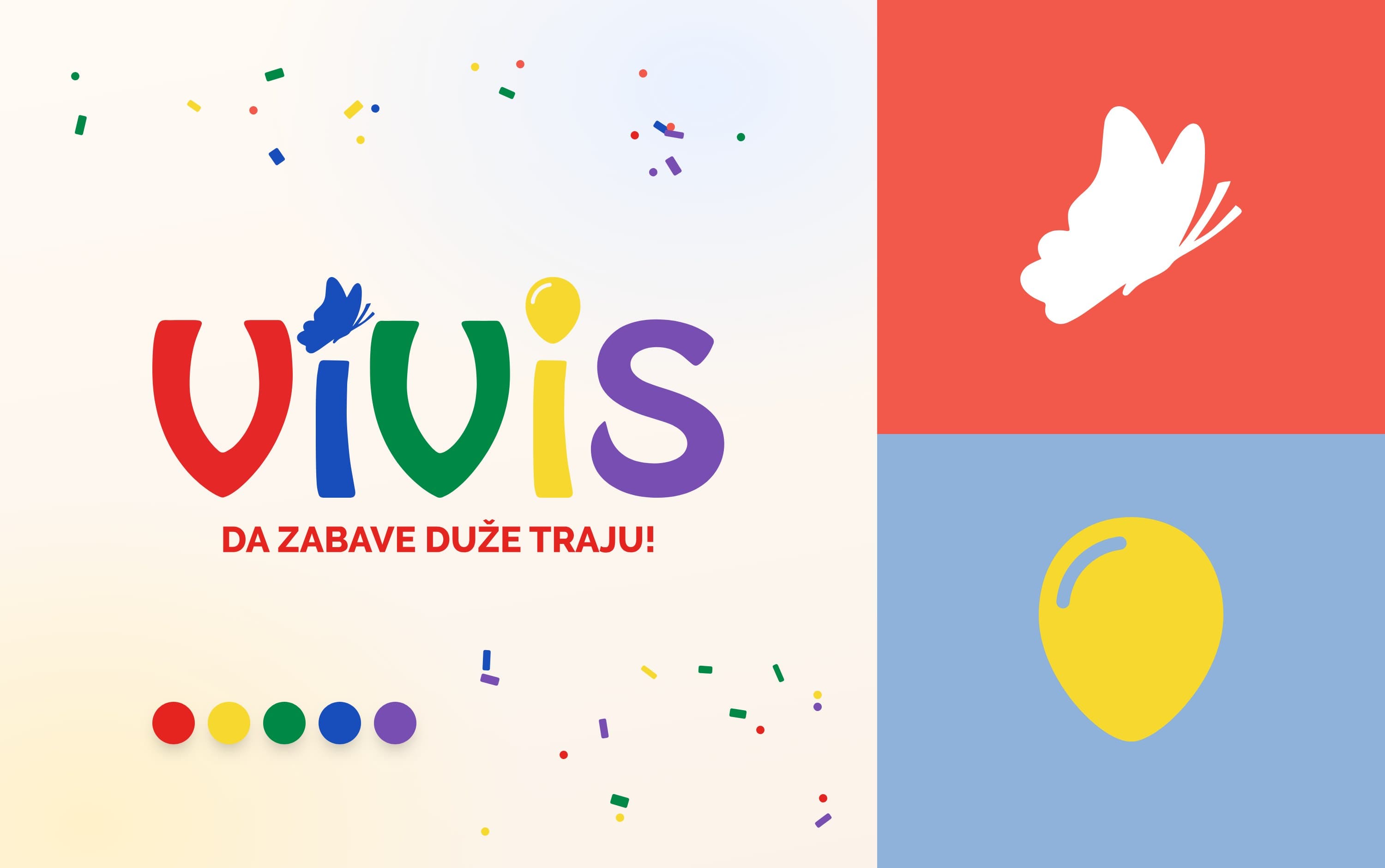 The Vivis mark with the slogan “Da zabave duže traju!”, its five letter colours, and the butterfly and balloon pictograms on coral and sky.