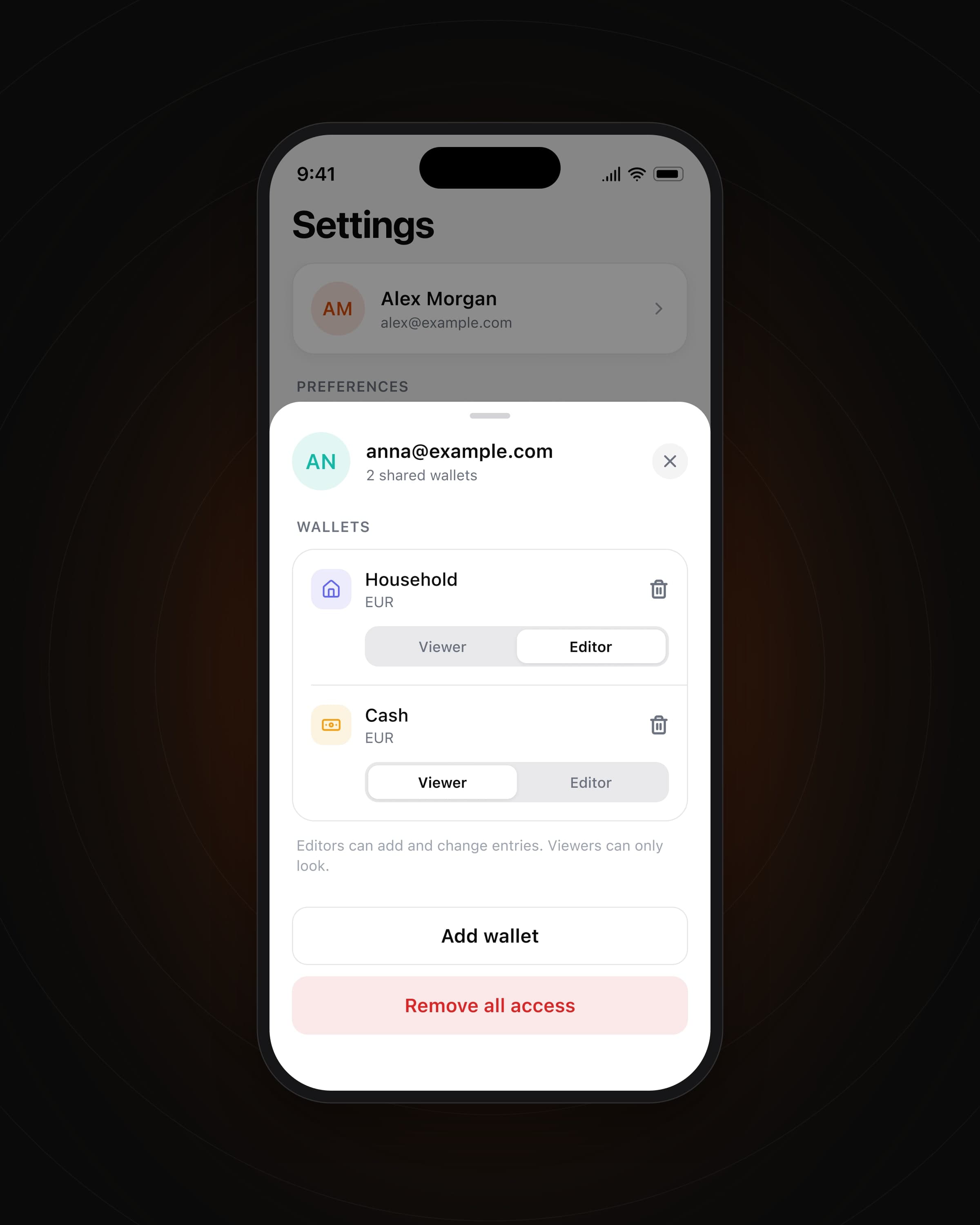 A member sheet for a shared person, with a viewer or editor switch for each of two wallets.