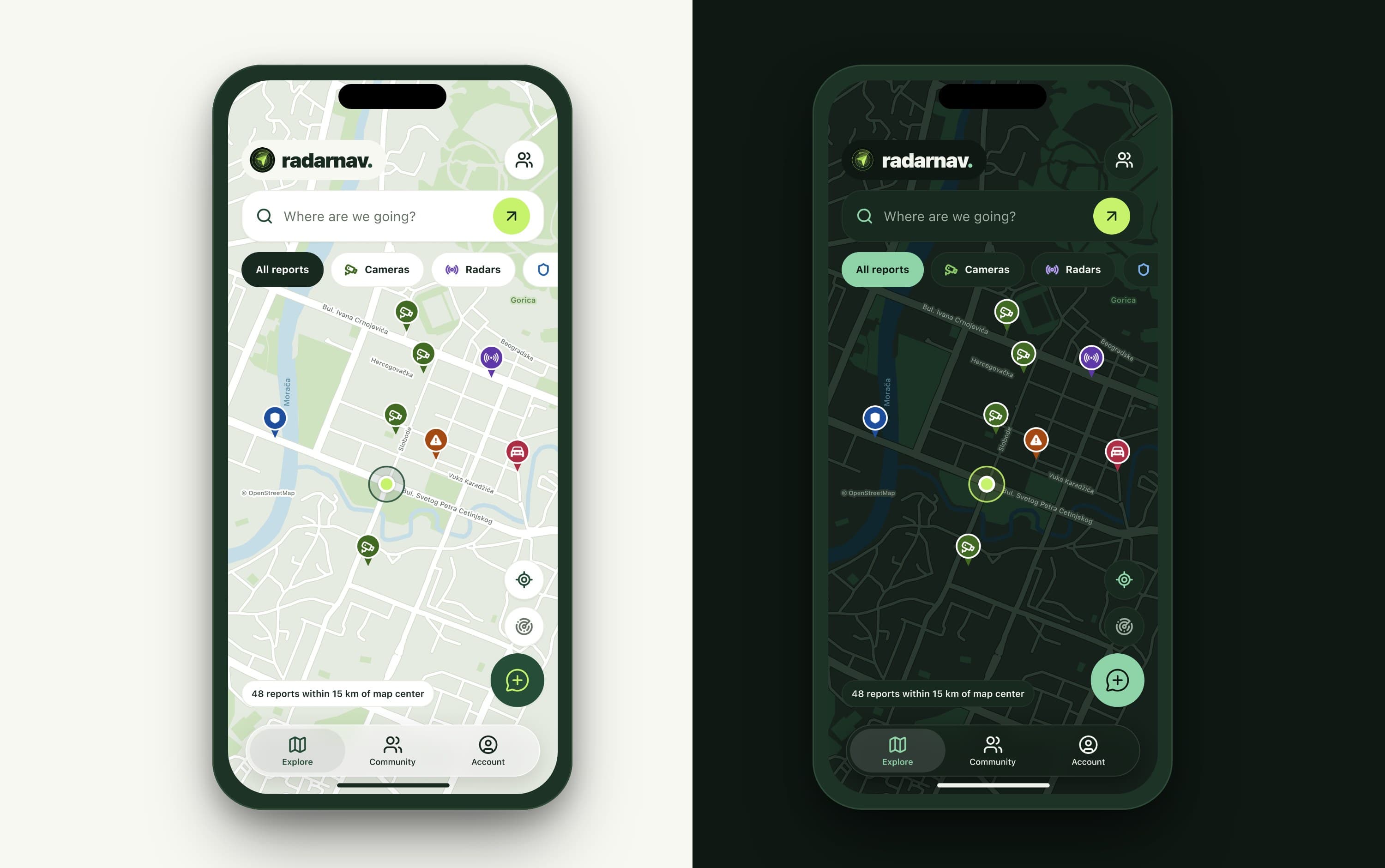 The map in light mode and in dark mode, side by side.