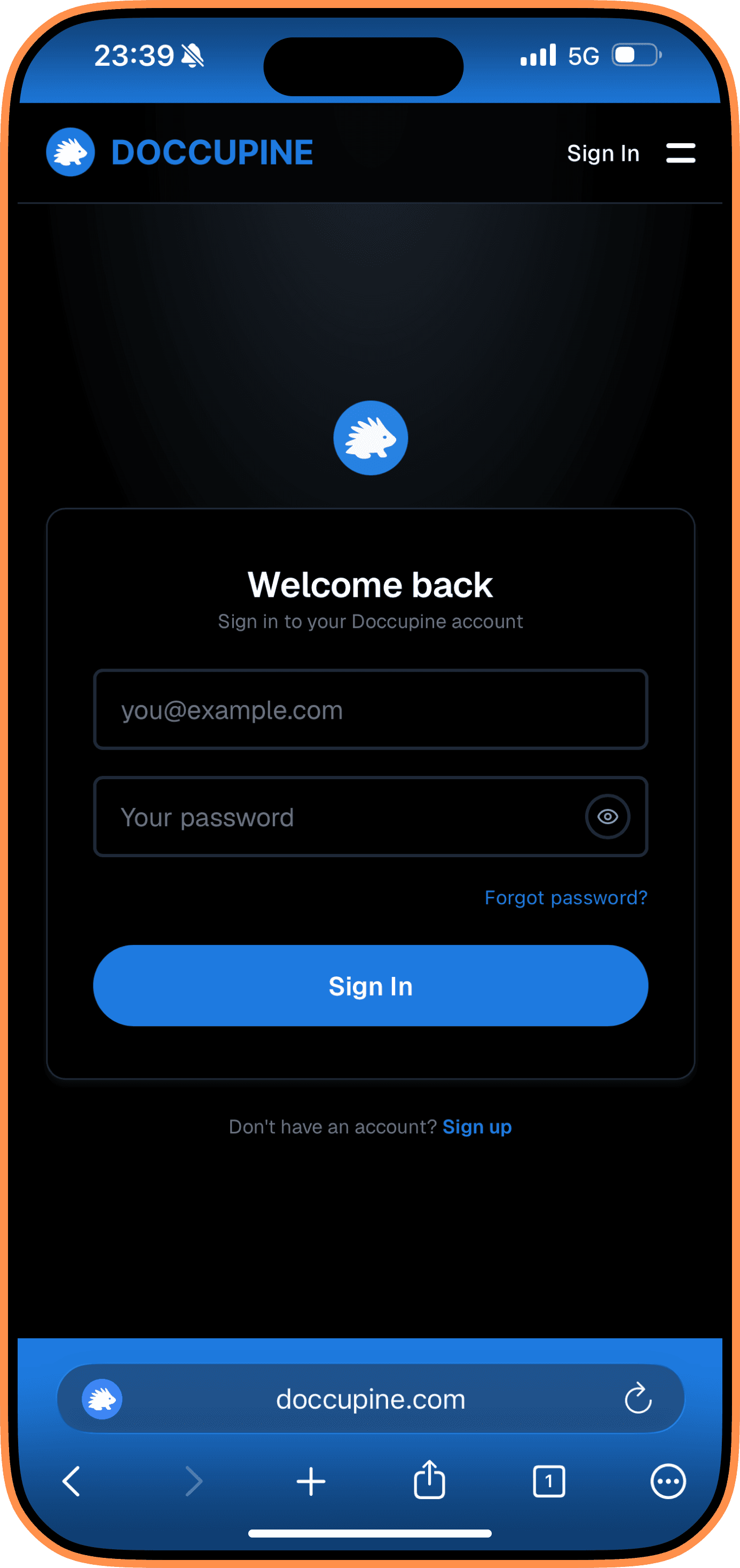 Doccupine mobile sign in screen