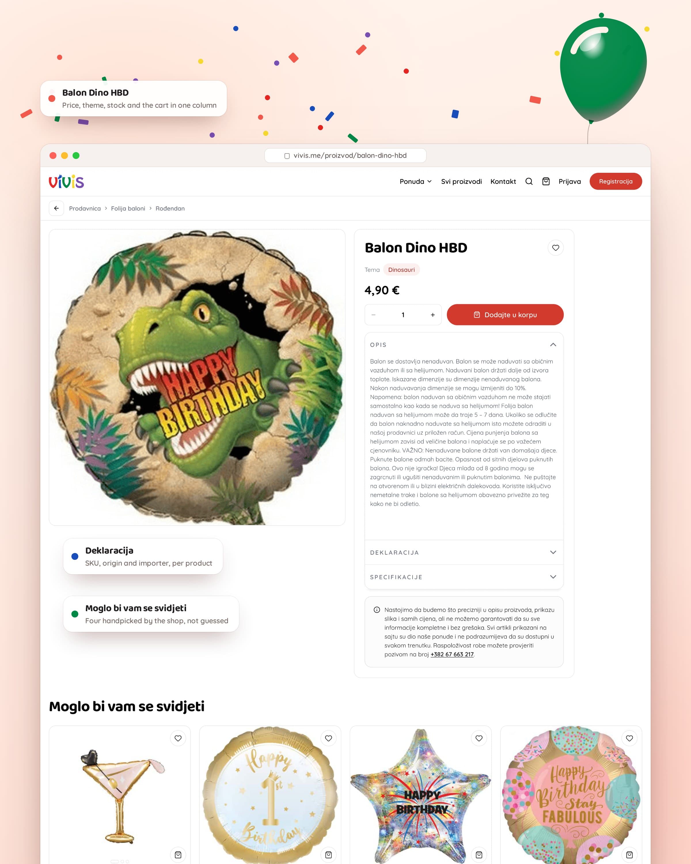 The same product on desktop: price, theme, quantity and the cart beside the photo, with four handpicked balloons below.