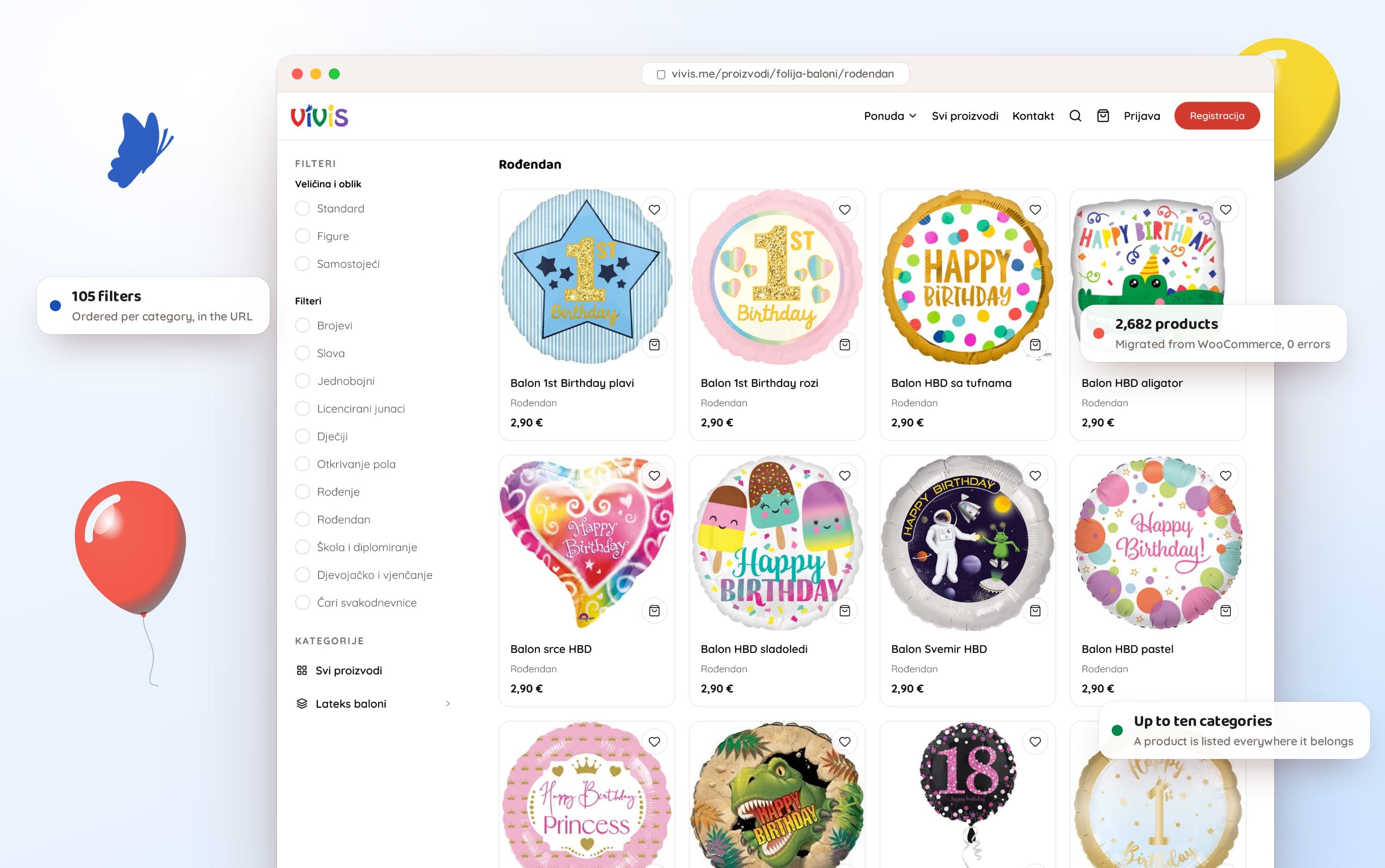 The birthday balloons category on desktop, with size and occasion filters on the left and a grid of foil balloons at 2,90 €.