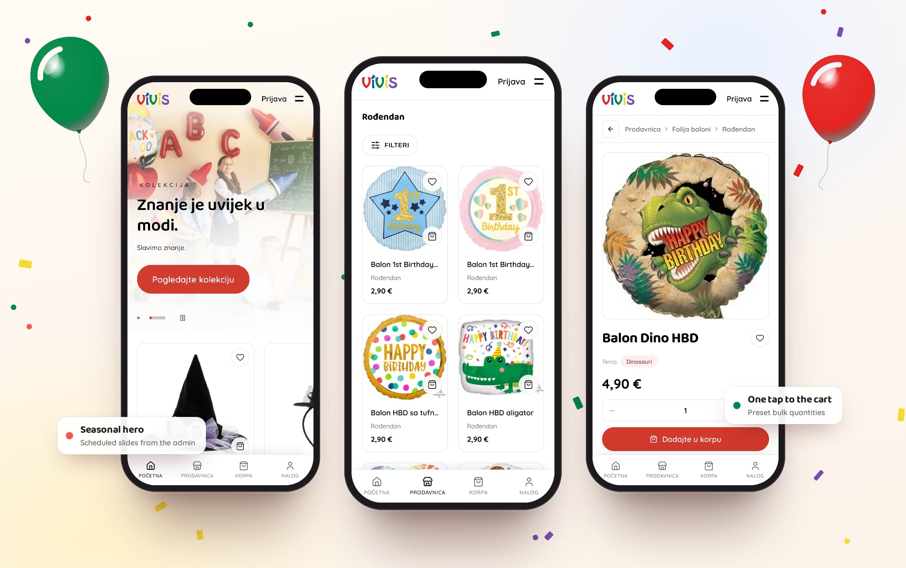 Three phones: the home page with a seasonal hero, the birthday balloons category, and the product page for the Dino HBD balloon.