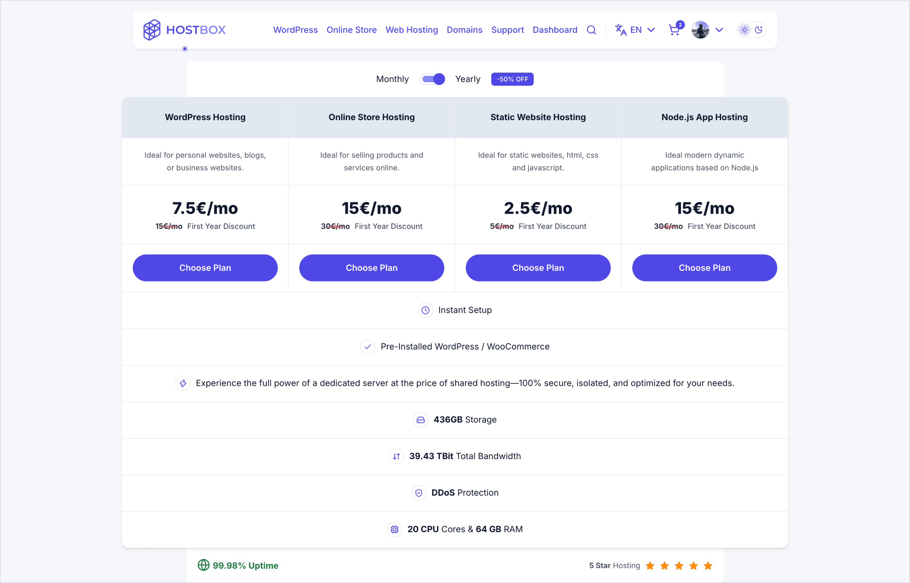 The four hosting plans, with the first-year price beside the regular one.