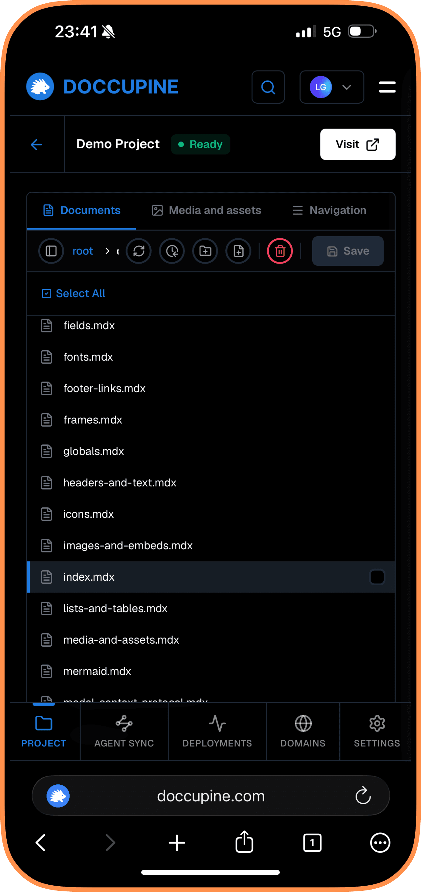Doccupine mobile file tree screen