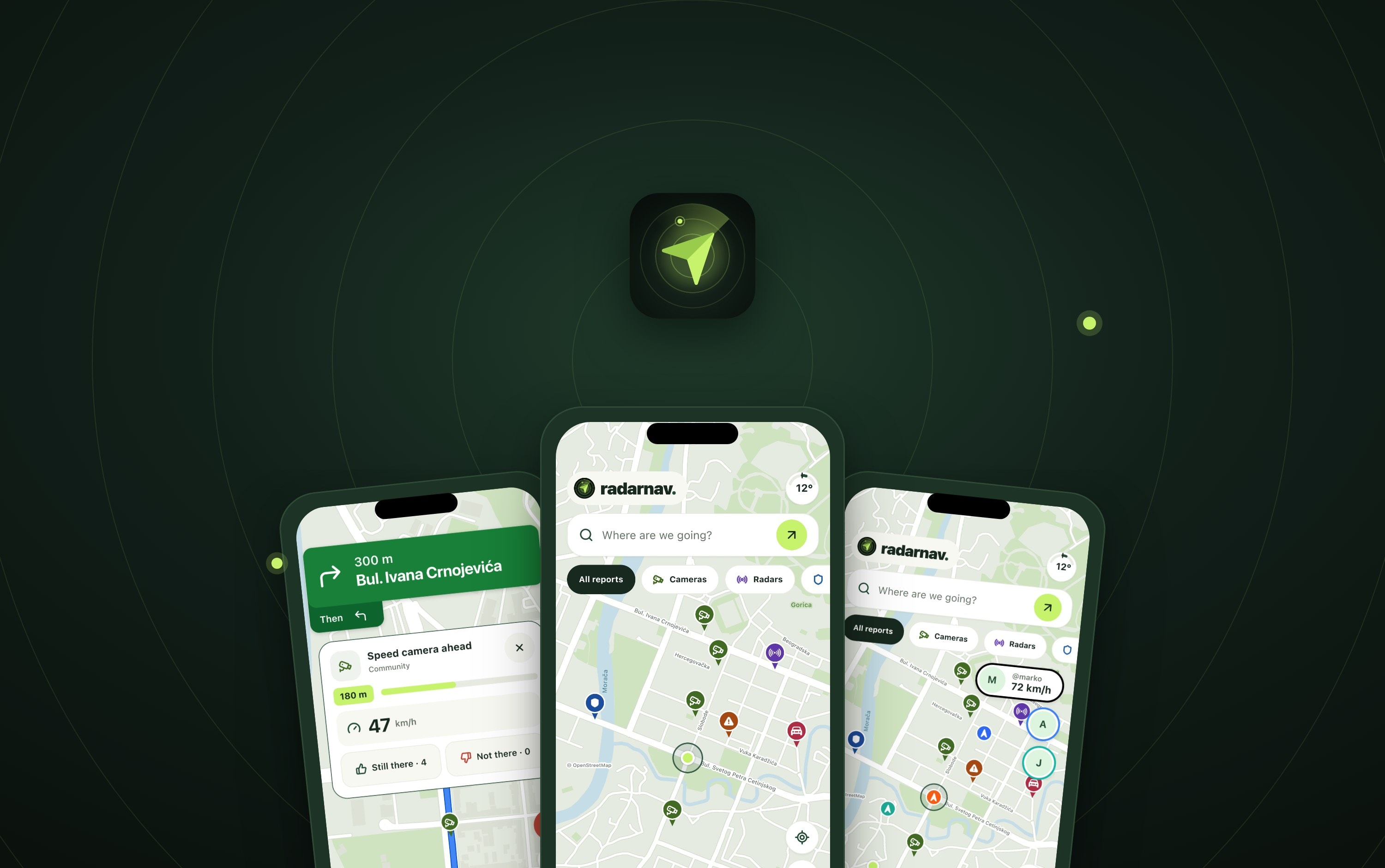 The RadarNav mark above three phones: navigation, the map of reports, and friends on the road.