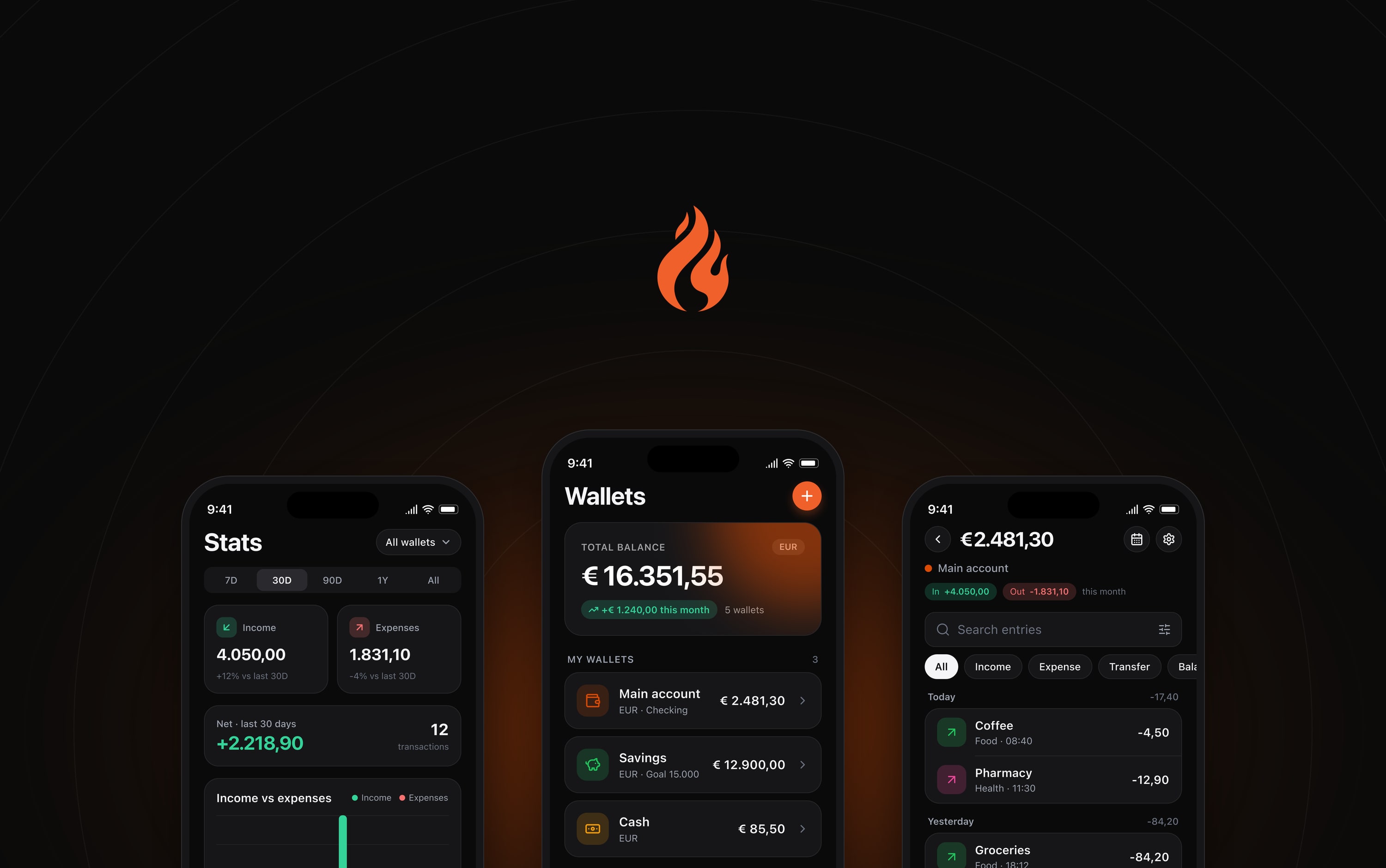 The Kaldo flame above three phones in dark mode: stats, wallets, and a wallet's entries.