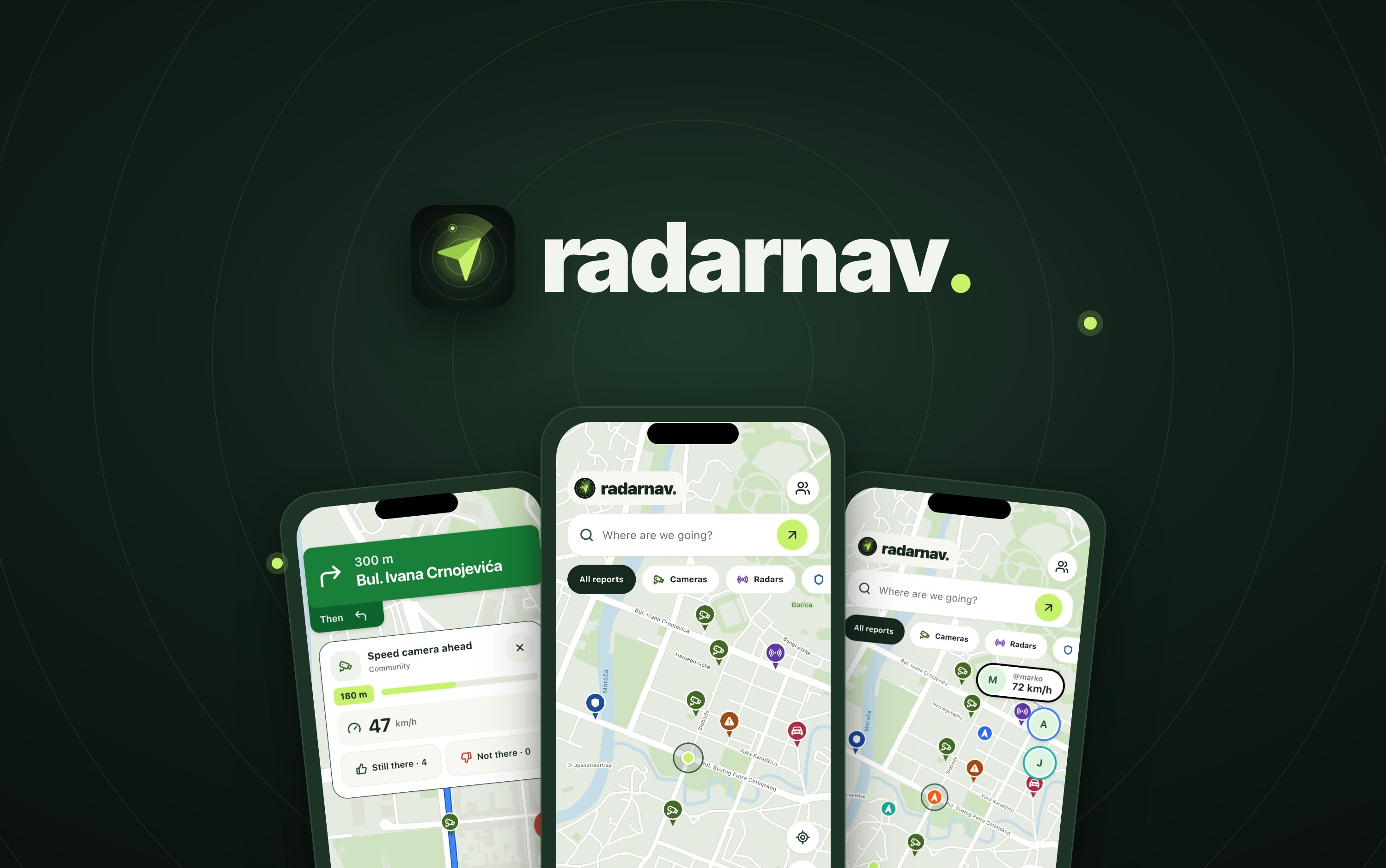 The RadarNav mark and wordmark above three phones: navigation, the map of reports, and friends on the road.
